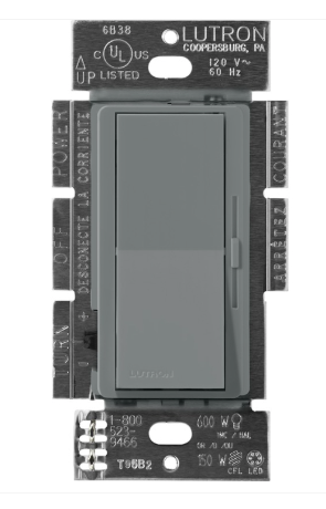 Lutron Diva Reverse-Phase Dimmer Switch w/ Night Light, 250W LED or 500W ELV, Single Pole/3-Way, Neutral Required, 120V, DVRP-253P-SL, Slate