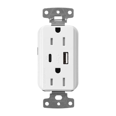 Lutron Claro 15A Tamper-Resistant USB Type A and C Duplex Receptacle, Decorator Style outlet, Gloss Finish, CAR-15-ACTR-WH, White