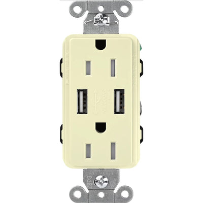 Lutron Claro 15A Tamper-Resistant USB-A Duplex Receptacle, Decorator-Style Outlet, Self-Testing, Gloss Finish, CAR-15-UBTR-AL, Almond