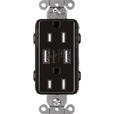 Lutron Claro 15A Tamper-Resistant USB-A Duplex Receptacle, Decorator-Style Outlet, Self-Testing, Gloss Finish, CAR-15-UBTR-BL, Black