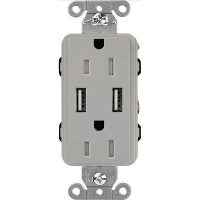 Lutron Claro 15A Tamper-Resistant USB-A Duplex Receptacle, Decorator-Style Outlet, Self-Testing, Gloss Finish, CAR-15-UBTR-GR, Gray