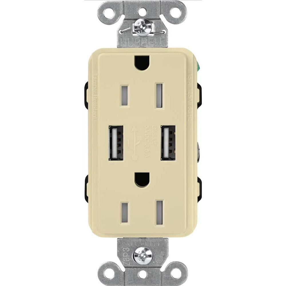 Lutron Claro 15A Tamper-Resistant USB-A Duplex Receptacle, Decorator-Style Outlet, Self-Testing, Gloss Finish, CAR-15-UBTR-IV, Ivory