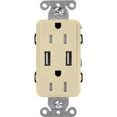 Lutron Claro 15A Tamper-Resistant USB-A Duplex Receptacle, Decorator-Style Outlet, Self-Testing, Gloss Finish, CAR-15-UBTR-IV, Ivory