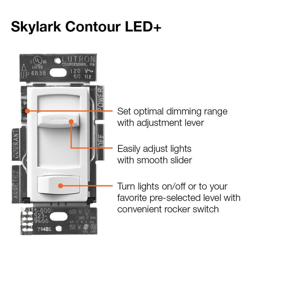 Lutron Skylark Contour LED+ Dimmer Switch, No Neutral Required, 150W LED or 600W Inc/Hal, 120V, Single Pole/3-Way, CTCL-153P-WH, White