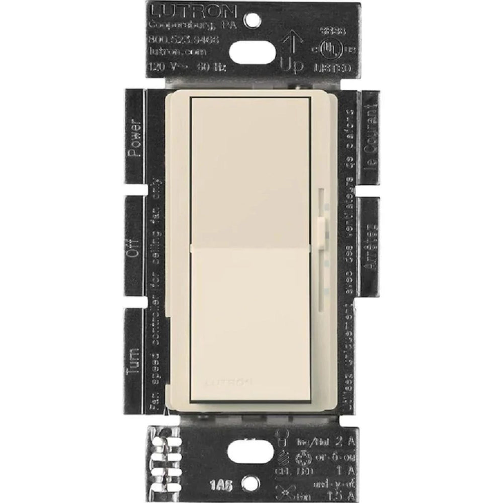 Lutron Diva 3-Speed Fan Control and On/Off Light Switch, 1.5A Fan, 1A LED, Single Pole/3-Way, No Neutral Required, 120V, DVFSQ-LFH-LA, Light Almond