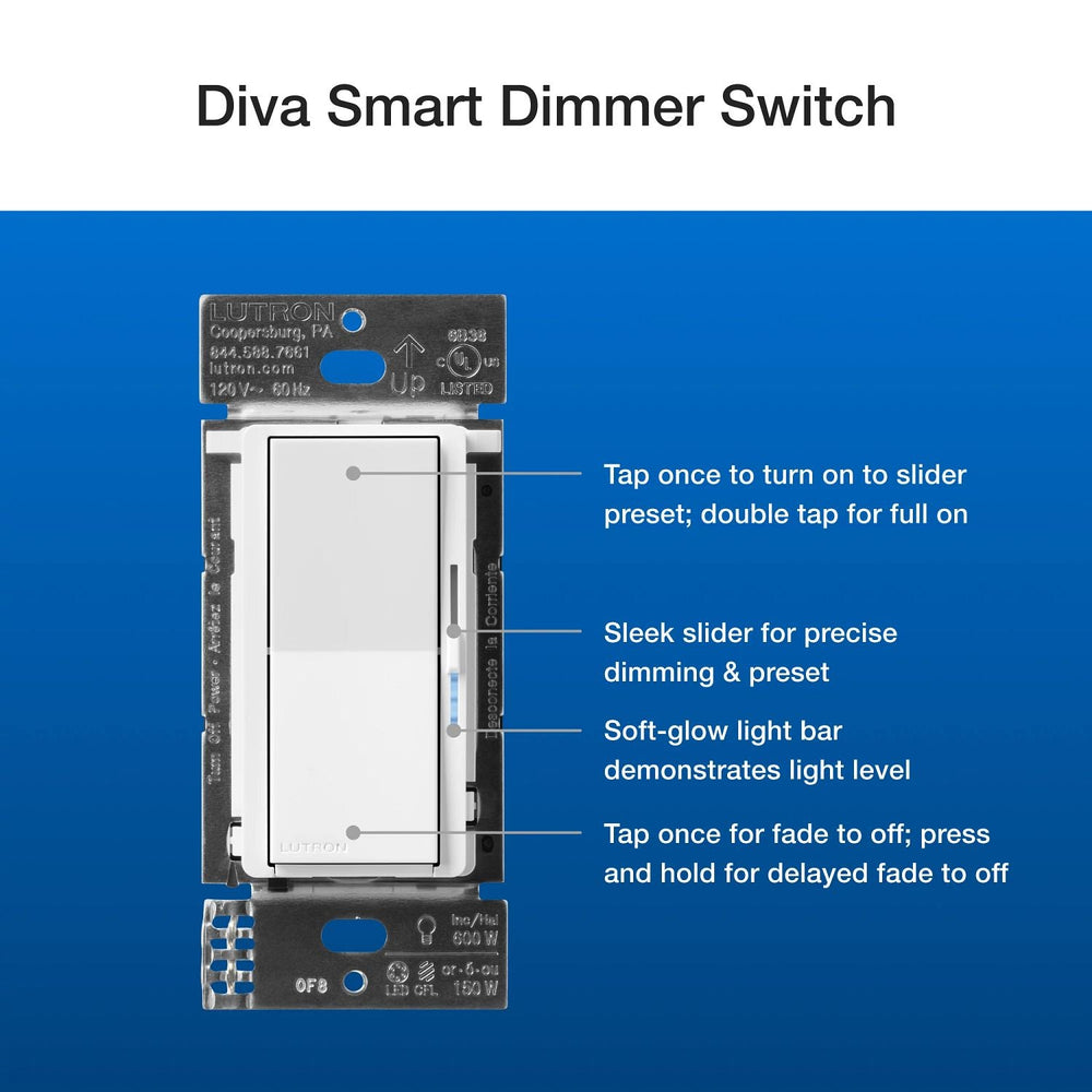 Lutron Diva Smart Dimmer Switch 3-Way Kit with Pico Paddle Remote for the Caseta system, Smart Hub Not Required, DVRF-PKG1D-WH, White