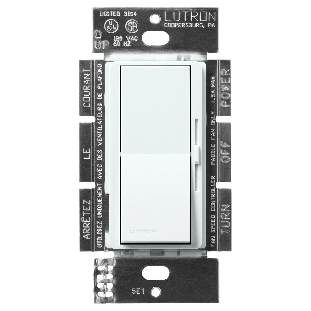 Lutron Diva 3-Speed Fan Control, 1.5A, Single Pole/3-Way, No Neutral Required, 120V, DVSCFSQ-F-GL, Glacier White