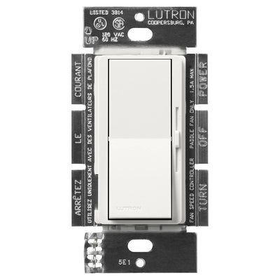 Lutron Diva 3-Speed Fan Control, 1.5A, Single Pole/3-Way, No Neutral Required, 120V, DVSCFSQ-F-RW, Architectural White