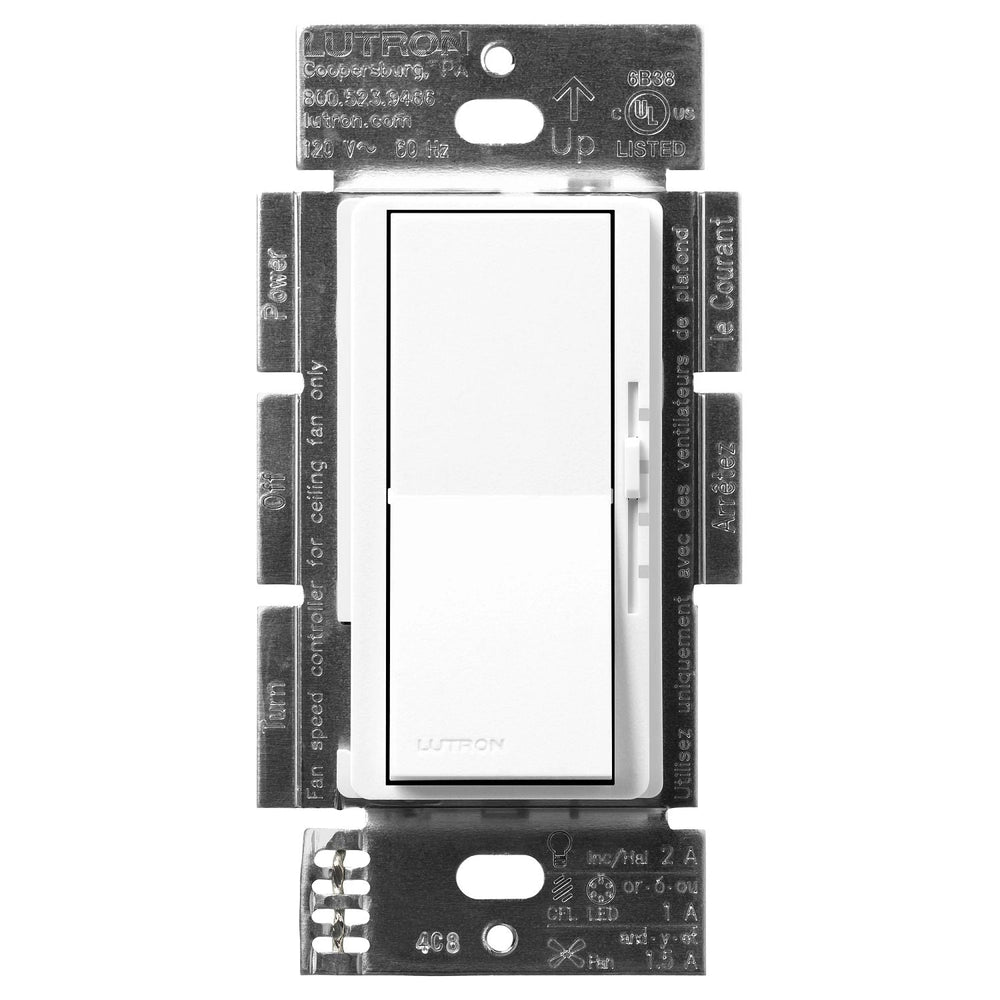 Lutron Diva 3-Speed Fan Control and Light Switch, 1.5A Fan, 1A LED, Single Pole/3-Way, No Neutral Required, 120V, DVSCFSQ-F-BW, Brilliant White