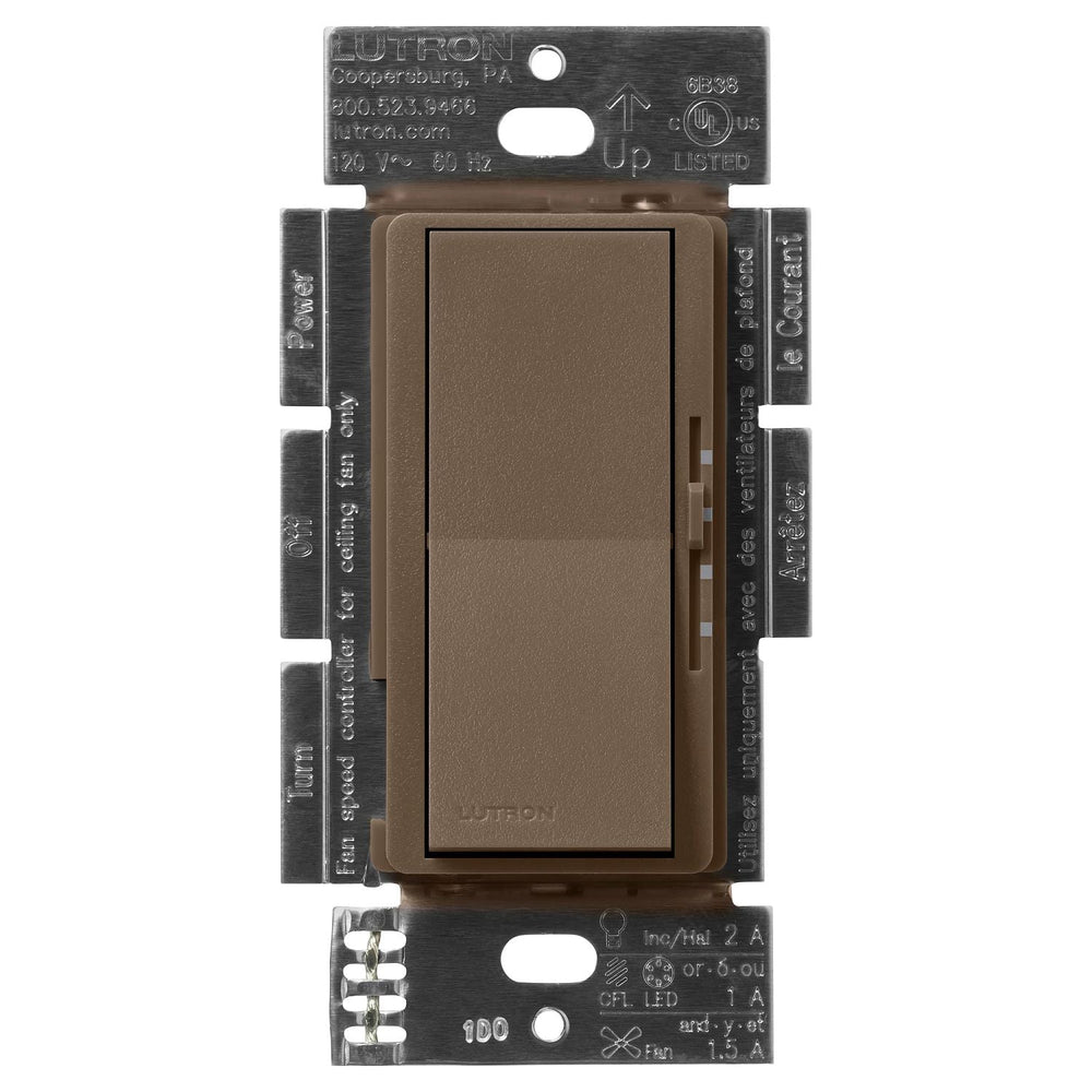 Lutron Diva 3-Speed Fan Control and Light Switch, 1.5A Fan, 1A LED, Single Pole/3-Way, No Neutral Required, 120V, DVSCFSQ-F-EP, Espresso