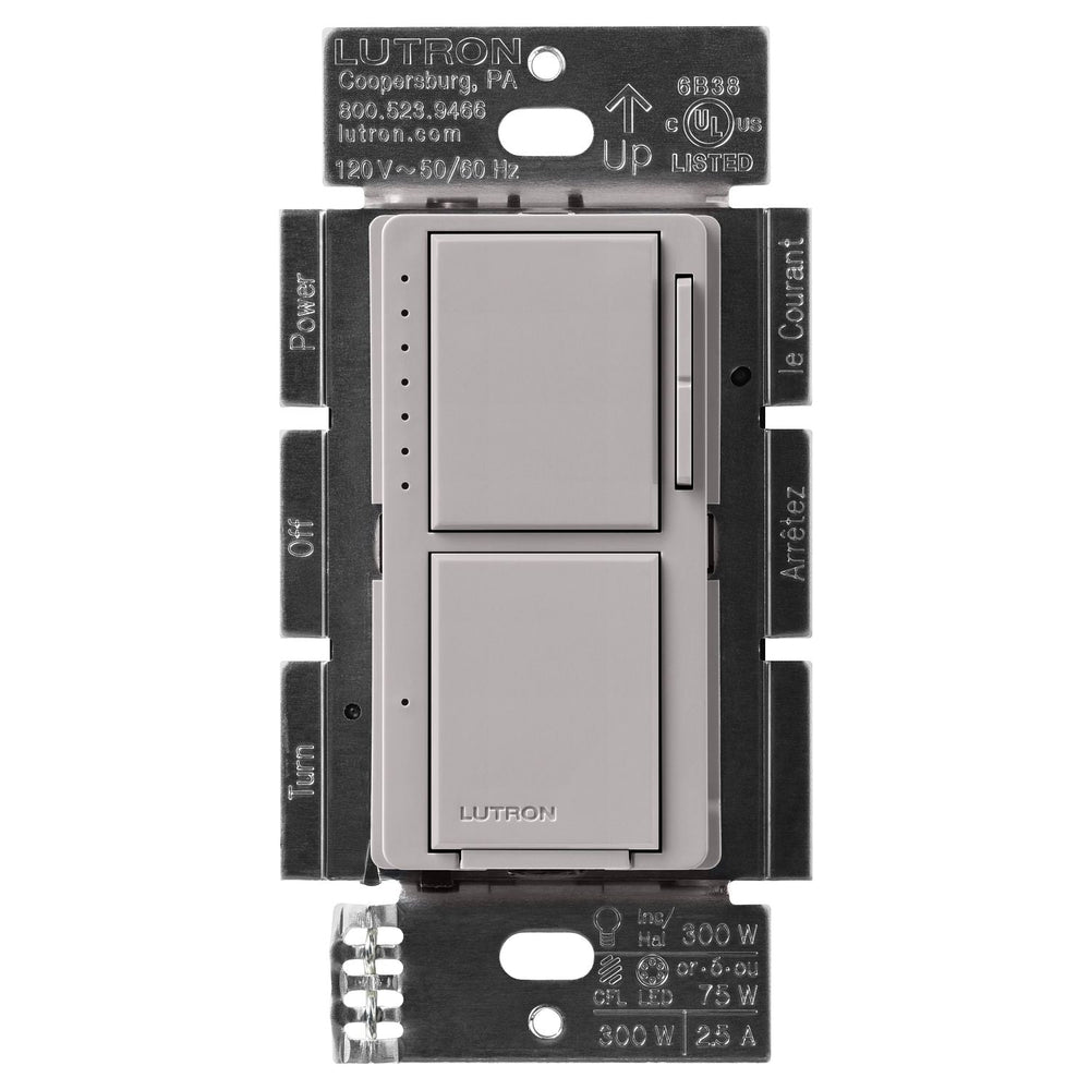 Lutron Maestro LED+ Dual Dimmer and Switch, 75W LED Bulbs, Single Pole, MACL-L3S25-GR, Gray