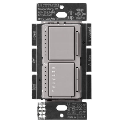 Lutron Maestro LED+ Dual Dimmer and Timer Switch, 75W LED Dimmer, 2.5A Timer, Single- Pole, MACL-L3T251-GR, Gray