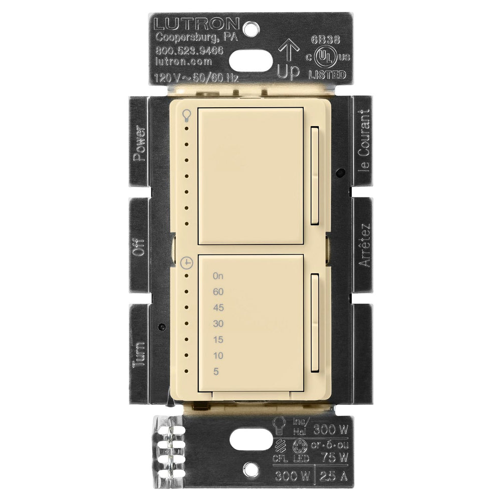 Lutron Maestro LED+ Dual Dimmer and Timer Switch, 75W LED Dimmer, 2.5A Timer, Single- Pole, MACL-L3T251-IV, Ivory