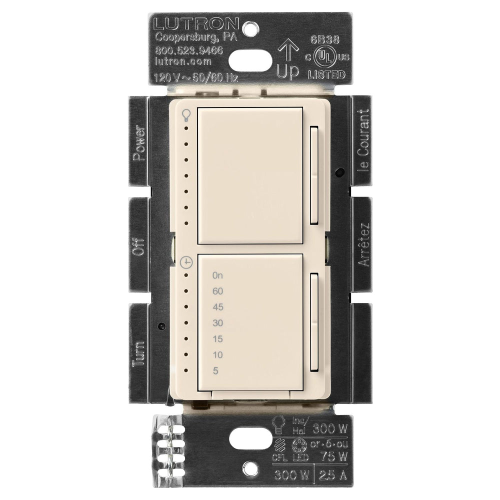 Lutron Maestro LED+ Dual Dimmer and Timer Switch, 75W LED Dimmer, 2.5A Timer, Single- Pole, MACL-L3T251-LA, Light Almond
