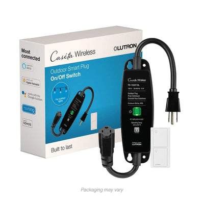 Lutron Caseta Weatherproof Outdoor Smart Plug and Remote, 15A Light or 1/2HP Motor, On/Off Switch, IP66 Rated, P-PKG1OUT-BL-R, Black
