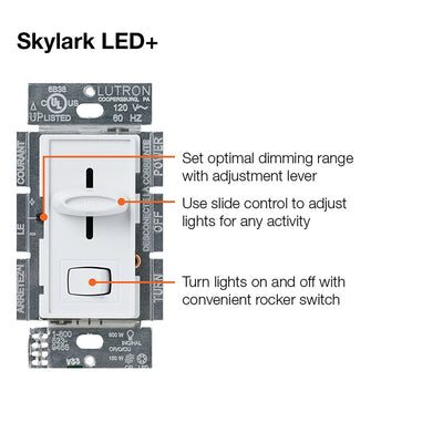 Lutron Skylark LED+ Dimmer Switch, No Neutral Required, 150W LED or 600W Inc/Hal, 120V, Single Pole/3-Way, SCL-153P-WH, White