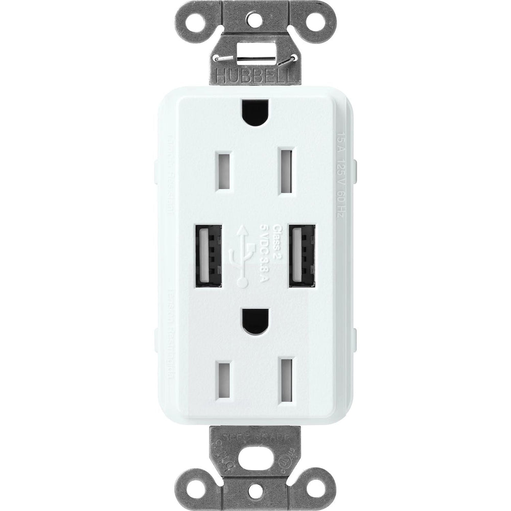 Lutron Claro 15A Tamper Resistant USB-A Duplex Receptacle, Decorator-Style Outlet, Self-Testing, Satin Finish, SCR-15-UBTR-GL, Glacier White