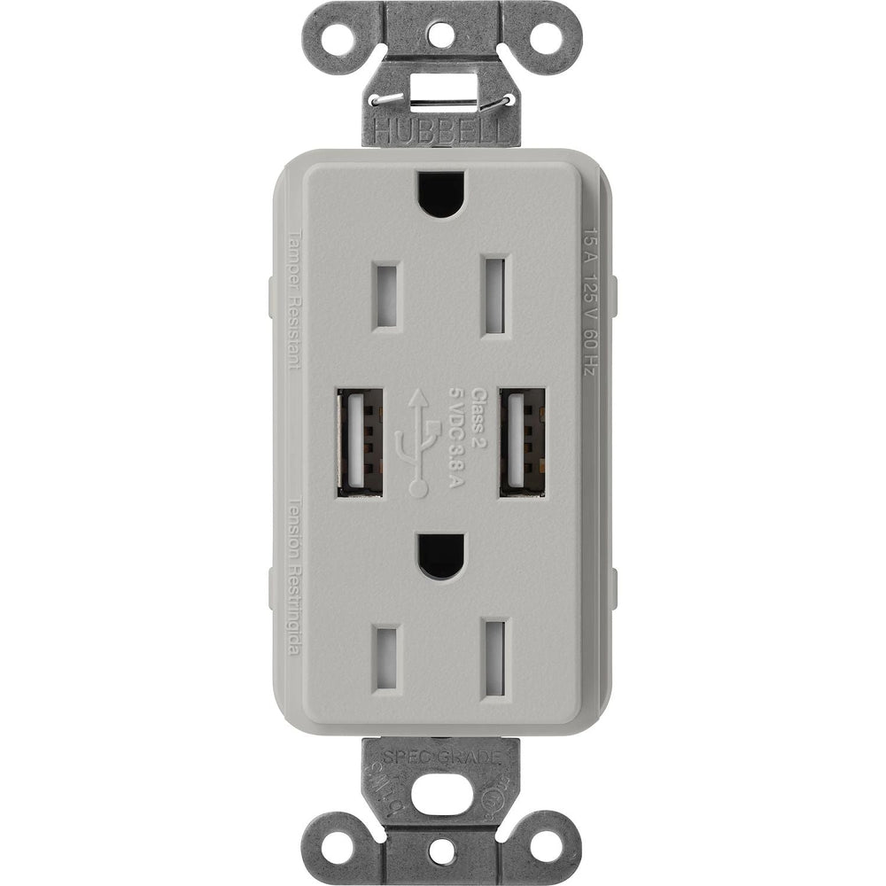 Lutron Claro 15A Tamper Resistant USB-A Duplex Receptacle, Decorator-Style Outlet, Self-Testing, Satin Finish, SCR-15-UBTR-PB, Pebble