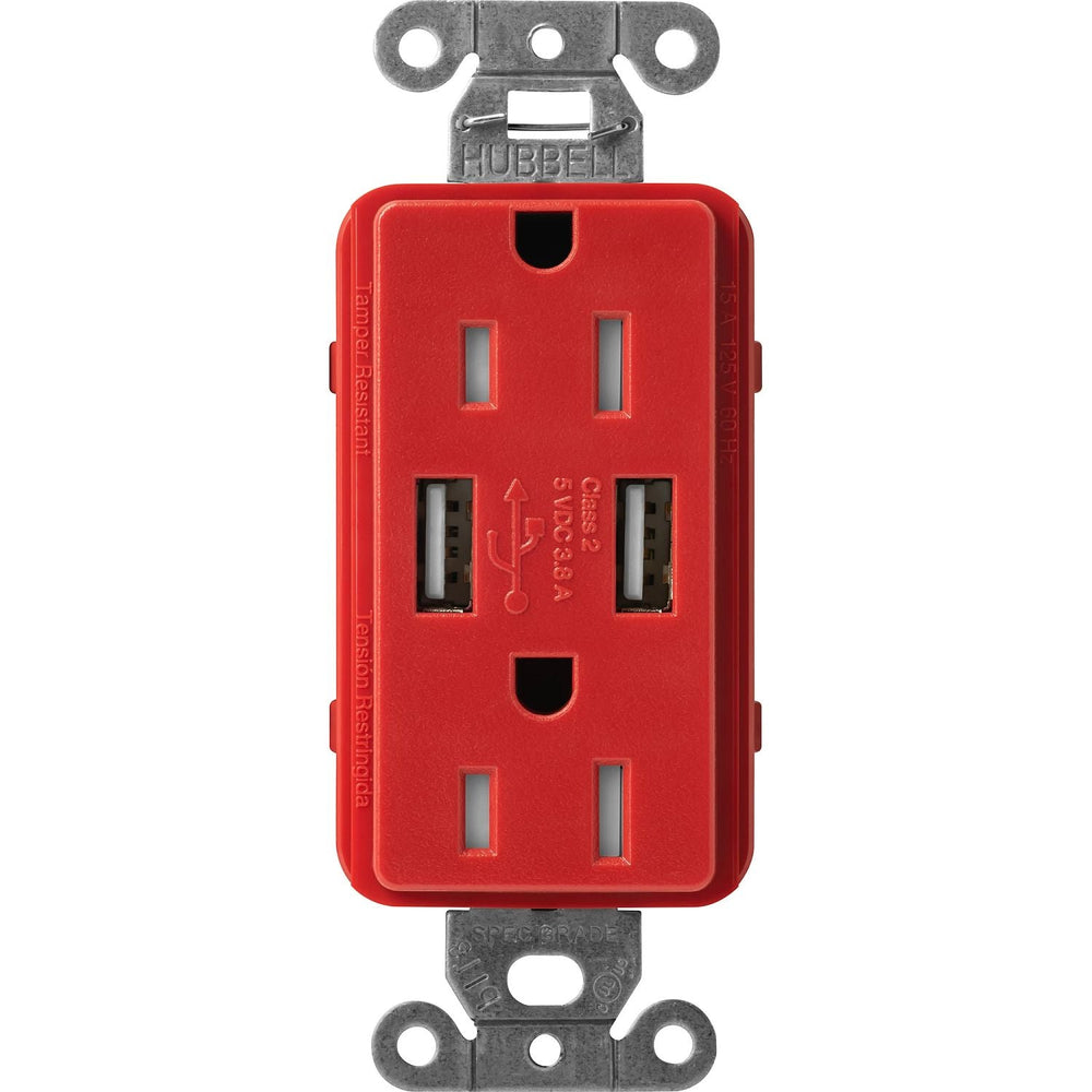 Lutron Claro 15A Tamper Resistant USB-A Duplex Receptacle, Decorator-Style Outlet, Self-Testing, Satin Finish, SCR-15-UBTR-SR, Signal Red
