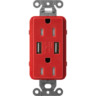 Lutron Claro 15A Tamper Resistant USB-A Duplex Receptacle, Decorator-Style Outlet, Self-Testing, Satin Finish, SCR-15-UBTR-SR, Signal Red