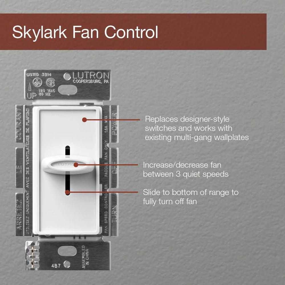 Lutron Skylark Quiet 3-Speed Fan Control, No Neutral Required, 1.5A 3-Speed Ceiling Fan, 120V, Single Pole/3-Way, SFSQ-F-WH, White