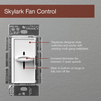 Lutron Skylark Quiet 3-Speed Fan Control, No Neutral Required, 1.5A 3-Speed Ceiling Fan, 120V, Single Pole/3-Way, SFSQ-F-WH, White