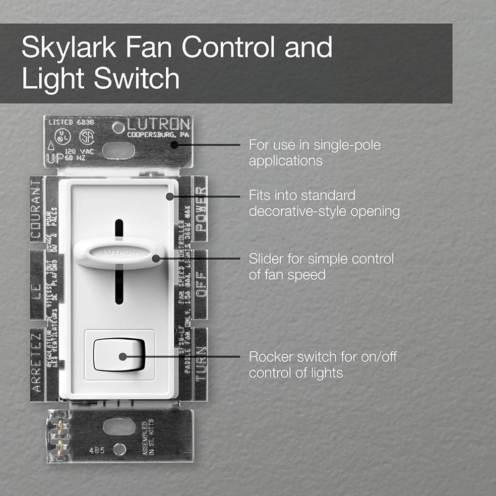 Lutron Skylark Dual Fan/Light Control, 1.5A Fan and 300W Incandescent/Halogen Light, 120V, Single Pole, SFSQ-LF-WH, White
