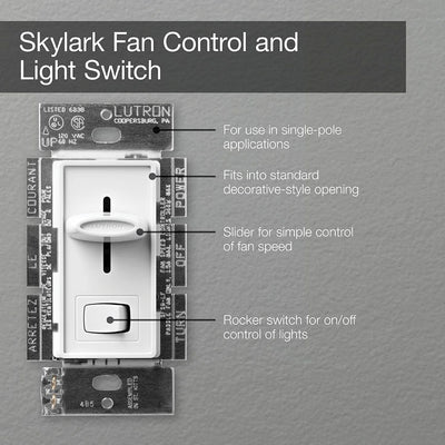 Lutron Skylark Dual Fan/Light Control, 1.5A Fan and 300W Incandescent/Halogen Light, 120V, Single Pole, SFSQ-LF-WH, White