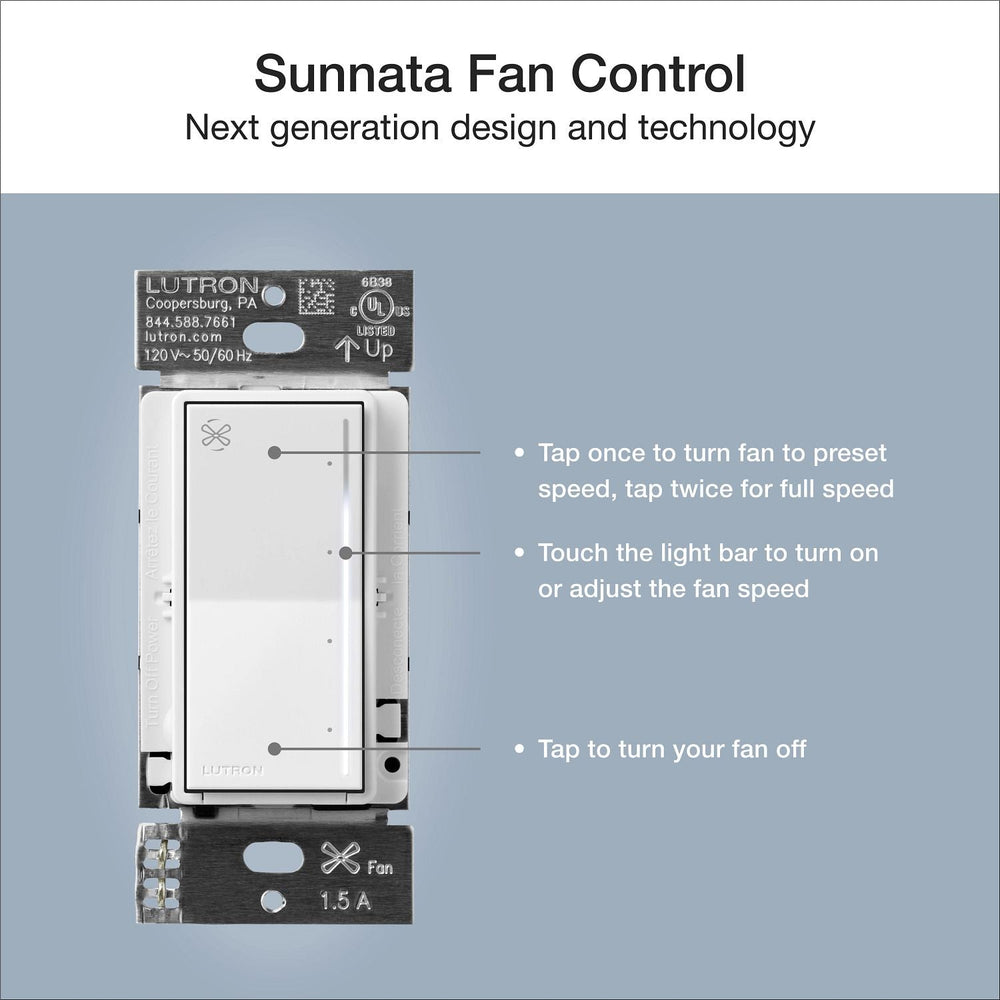 Lutron Sunnata Touch Fan Control, 4-Speed, 1.5A Paddle Fan, AC Motor, Single Pole, Neutral Required, 120V, ST-FSQN-WH, White