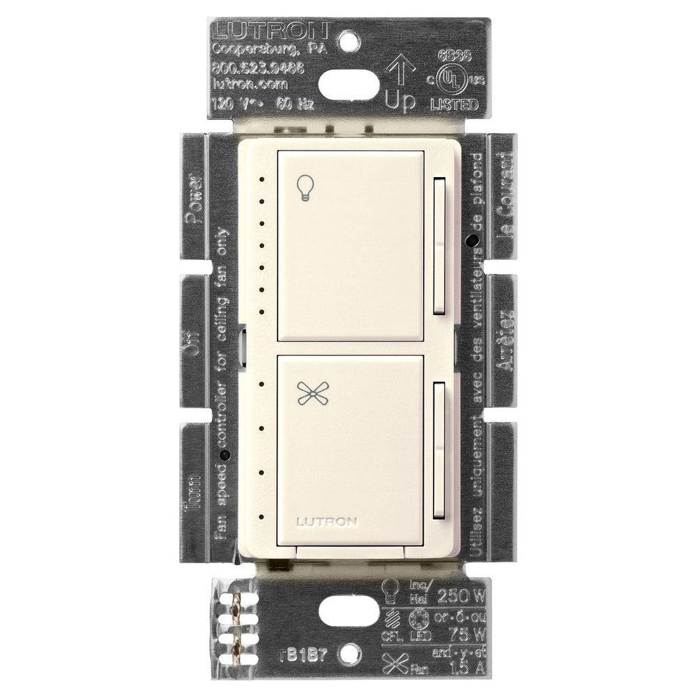 Lutron Maestro Dual LED+ Dimmer and 4-Speed Fan Control, No Neutral Required, 1.5A Fan, 75W LED Light, 120V, Single Pole, MACL-LFQ-BI, Biscuit
