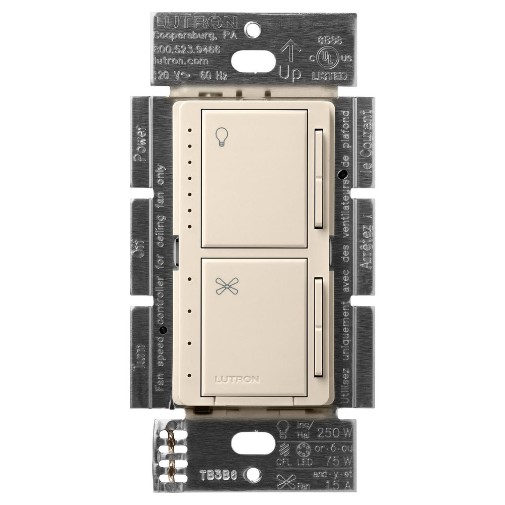 Lutron Maestro Dual LED+ Dimmer and 4-Speed Fan Control, No Neutral Required, 1.5A Fan, 75W LED Light, 120V, Single Pole, MACL-LFQ-LA, Light Almond