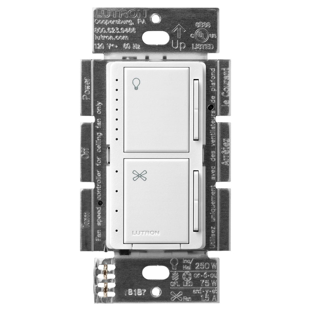Lutron Maestro Dual LED+ Dimmer and 4-Speed Fan Control, No Neutral Required, 1.5A Fan, 75W LED Light, 120V, Single Pole, MACL-LFQ-SW, Snow White