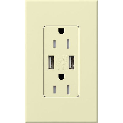 Lutron Architectural 15A Tamper-Resistant USB-A Duplex Receptacle, Self-Testing, Wall Plate Included, Matte Finish, NTR-15-UBTR-AL, Almond