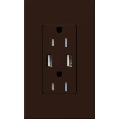 Lutron Architectural 15A Tamper-Resistant USB-A Duplex Receptacle, Self-Testing, Wall Plate Included, Matte Finish, NTR-15-UBTR-BR, Brown