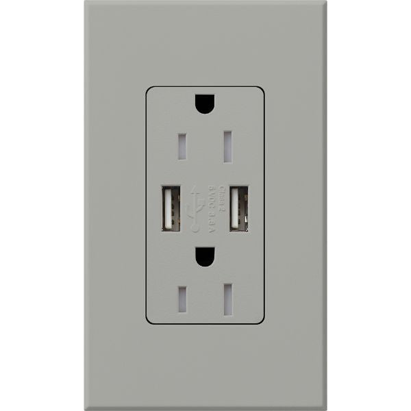 Lutron Architectural 15A Tamper-Resistant USB-A Duplex Receptacle, Self-Testing, Wall Plate Included, Matte Finish, NTR-15-UBTR-GR, Gray