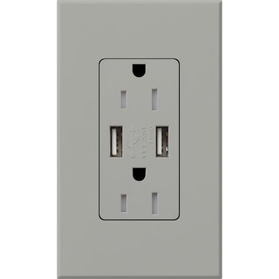 Lutron Architectural 15A Tamper-Resistant USB-A Duplex Receptacle, Self-Testing, Wall Plate Included, Matte Finish, NTR-15-UBTR-GR, Gray