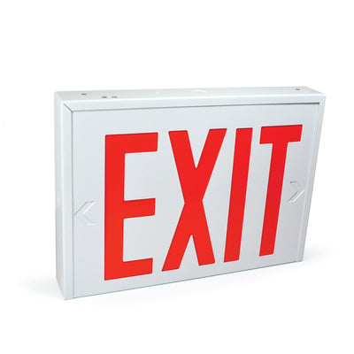 Steel Body NYC Approved Exit Signs, 8" Red Letters / White Housing, Battery Backup, 1F/2F