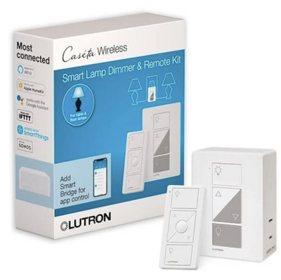 Lutron Caseta Smart Plug-In Lamp Dimmer Kit, 100W LED Lamp Dimmer and 3-Button with Raise/Lower Pico Smart Remote, P-PKG1P-WH, White