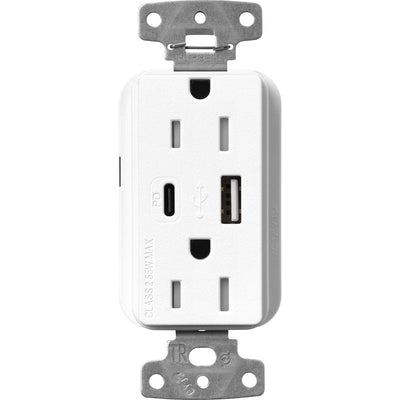 Lutron Claro 15A Tamper-Resistant USB Type A and C Duplex Receptacle, Decorator Style outlet, Satin Finish, SCR-15-ACTR-BW, Brilliant White