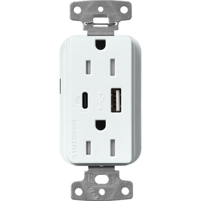 Lutron Claro 15A Tamper-Resistant USB Type A and C Duplex Receptacle, Decorator Style outlet, Satin Finish, SCR-15-ACTR-GL, Glacier White