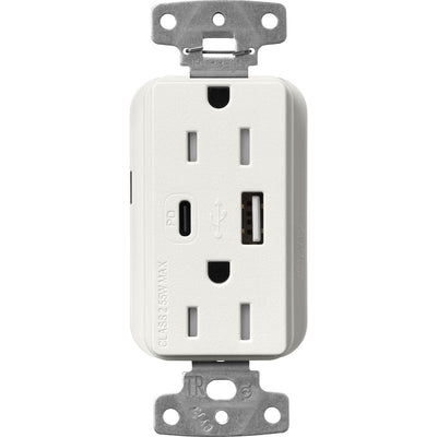 Lutron Claro 15A Tamper-Resistant USB Type A and C Duplex Receptacle, Decorator Style outlet, Satin Finish, SCR-15-ACTR-RW, Architectural White