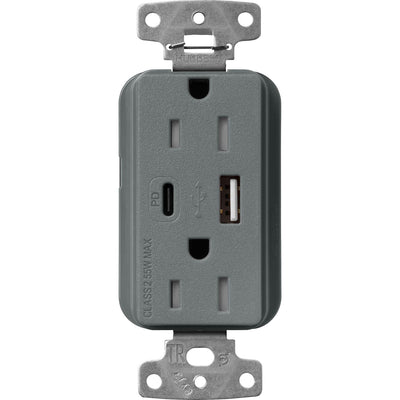 Lutron Claro 15A Tamper-Resistant USB Type A and C Duplex Receptacle, Decorator Style outlet, Satin Finish, SCR-15-ACTR-SL, Slate