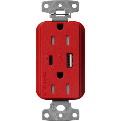 Lutron Claro 15A Tamper-Resistant USB Type A and C Duplex Receptacle, Decorator Style outlet, Satin Finish, SCR-15-ACTR-SR, Signal Red