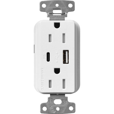 Lutron Claro 15A Tamper-Resistant USB Type A and C Duplex Receptacle, Decorator Style outlet, Satin Finish, SCR-15-ACTR-SW, Snow White