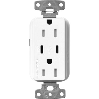 Lutron Claro 15A Tamper-Resistant USB Type A and C Duplex Receptacle, Decorator Style outlet, Satin Finish, SCR-15-CCTR-BW, Brilliant White