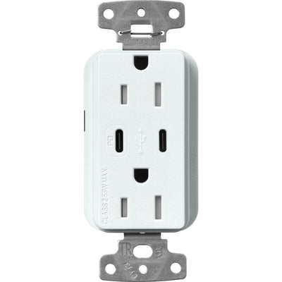 Lutron Claro 15A Tamper-Resistant USB Type A and C Duplex Receptacle, Decorator Style outlet, Satin Finish, SCR-15-CCTR-GL, Glacier White