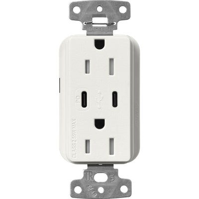 Lutron Claro 15A Tamper-Resistant USB Type A and C Duplex Receptacle, Decorator Style outlet, Satin Finish, SCR-15-CCTR-RW, Architectural White
