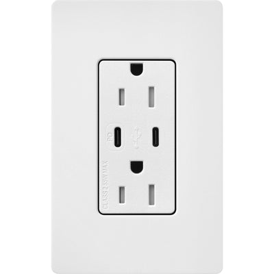 Lutron Claro 15A Tamper Resistant USB Type C Duplex Receptacle Designer style receptacles, Satin Finish, SCR-15-CCTR-SW, Snow White.