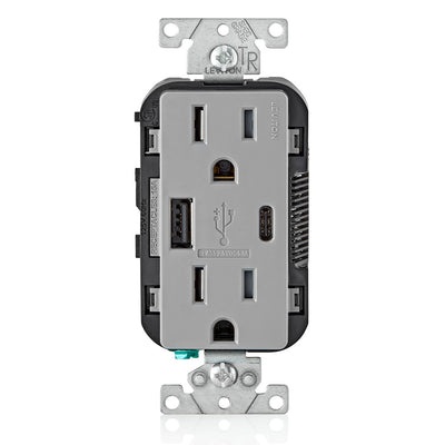 Leviton T5633-GY Combination Duplex Receptacle/Outlet and USB Charger. 15 Amp, 125 Volt, Decora Tamper Resistant