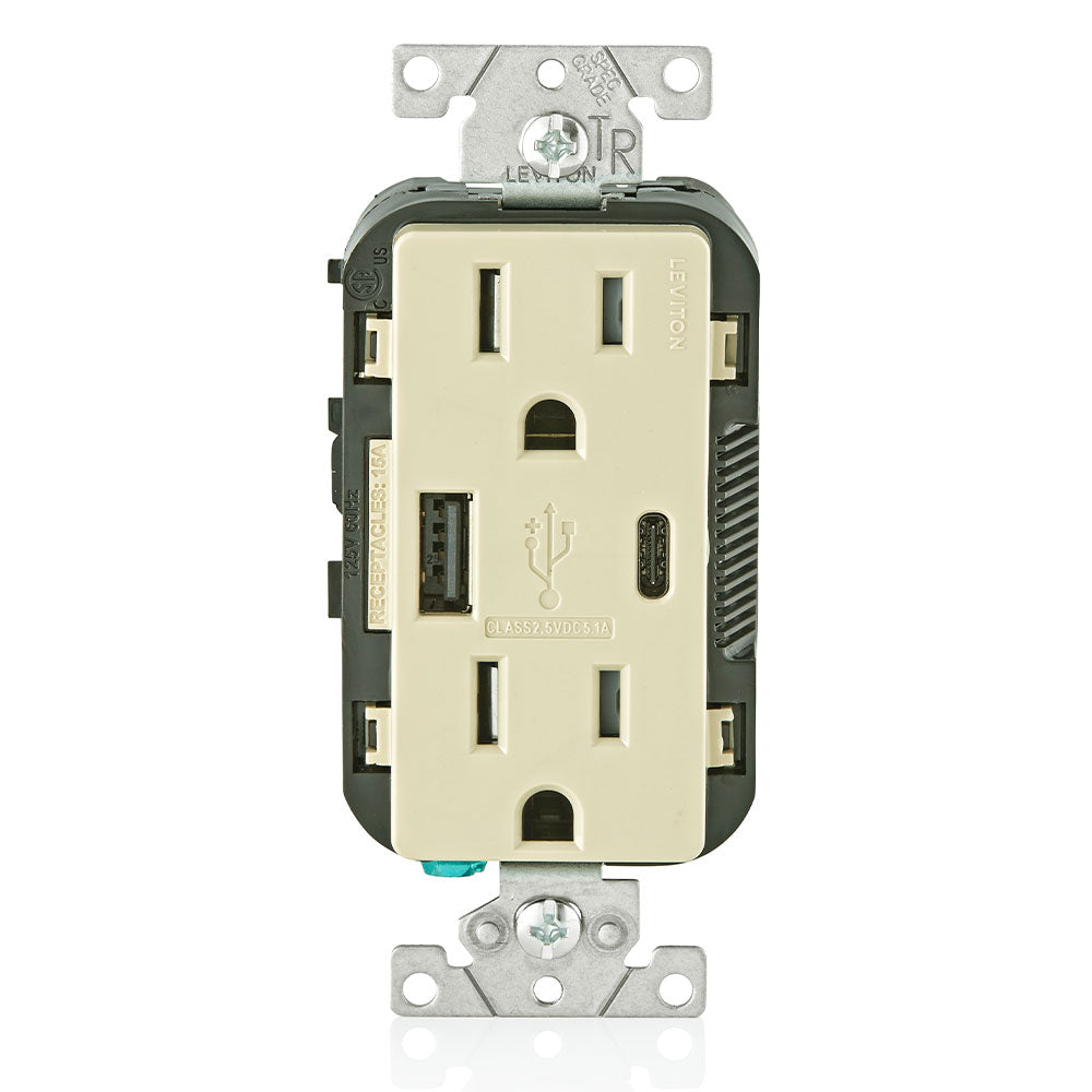 Leviton T5633-I Combination Duplex Receptacle/Outlet and USB Charger. 15 Amp, 125 Volt, Decora Tamper Resistant